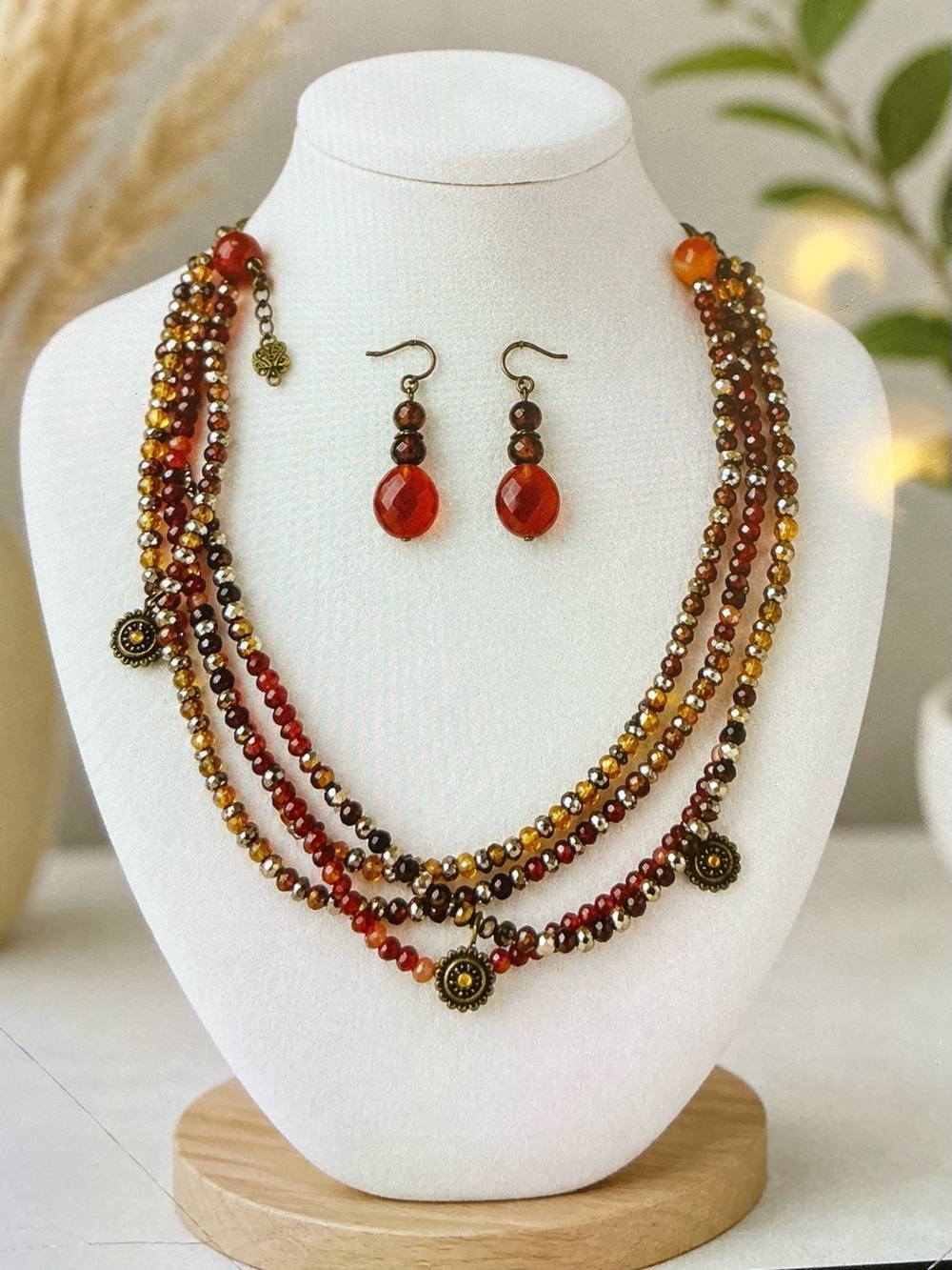 Cookie Lee Multi-Strand Red and Amber Beaded Necklace with Matching Earrings